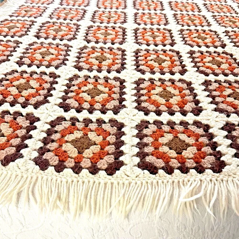 VTG Handmade Afghan Granny Square Crochet Retro Earth Tones-Boho Style w/ Fringe